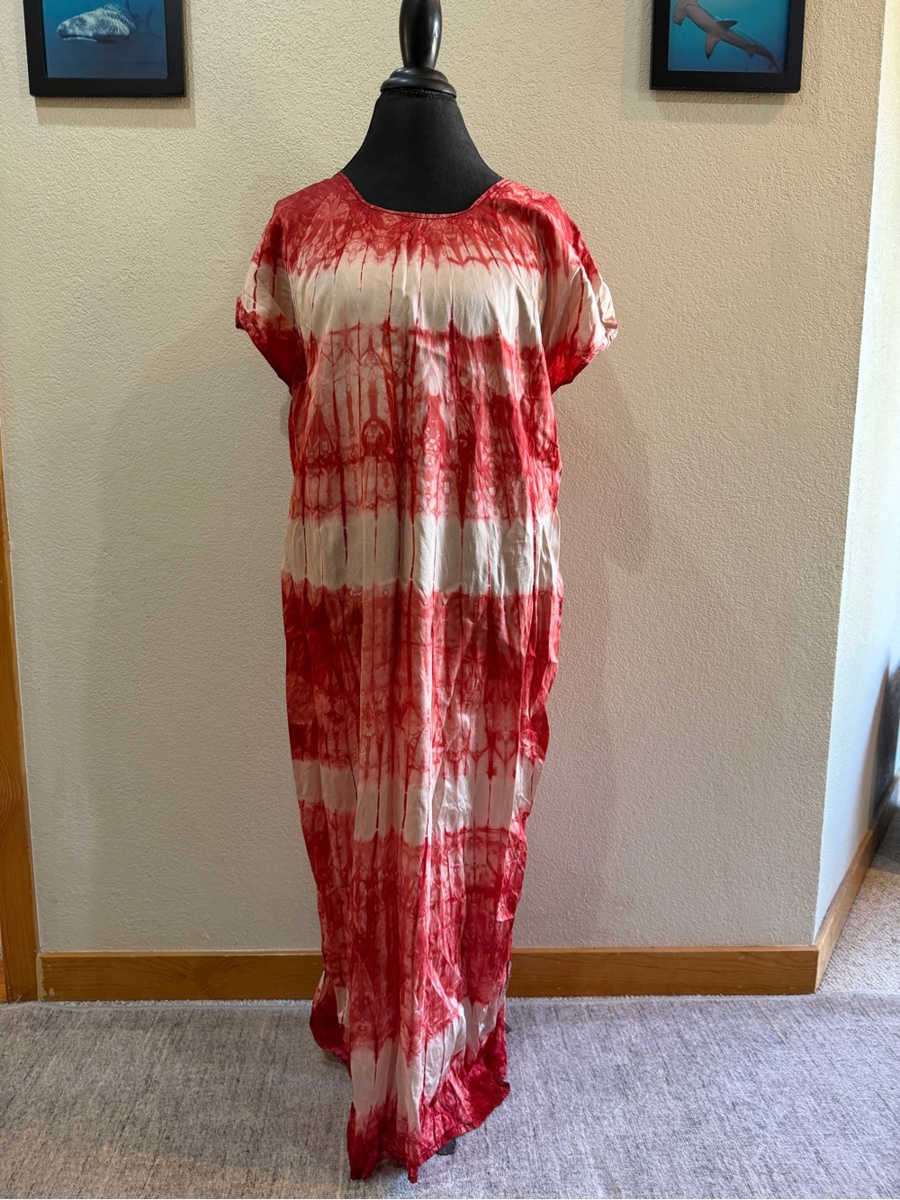 Hand sewn Casual Red and White Tie-Dye Maxi Dress